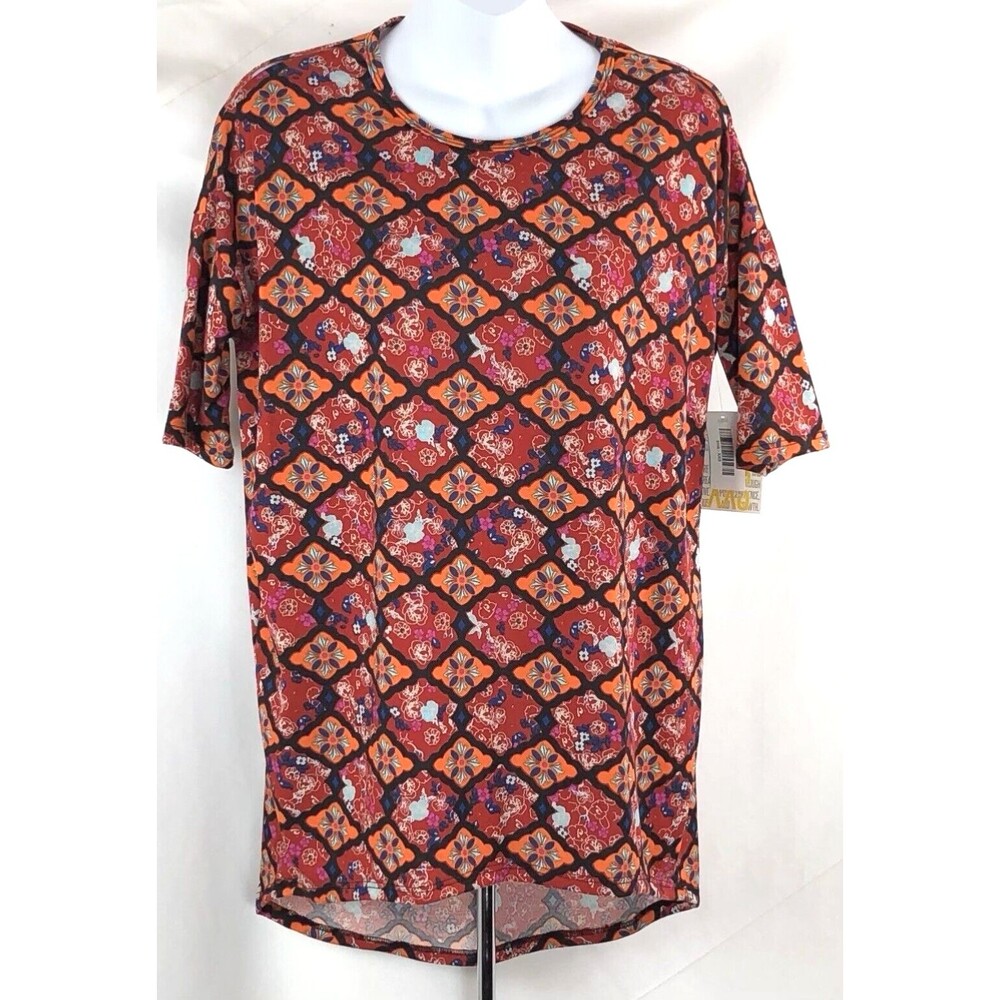 NWT Lula Roe Long Tunic Top XXS Red Multi Floral Geometric Asymmetrical OverSize